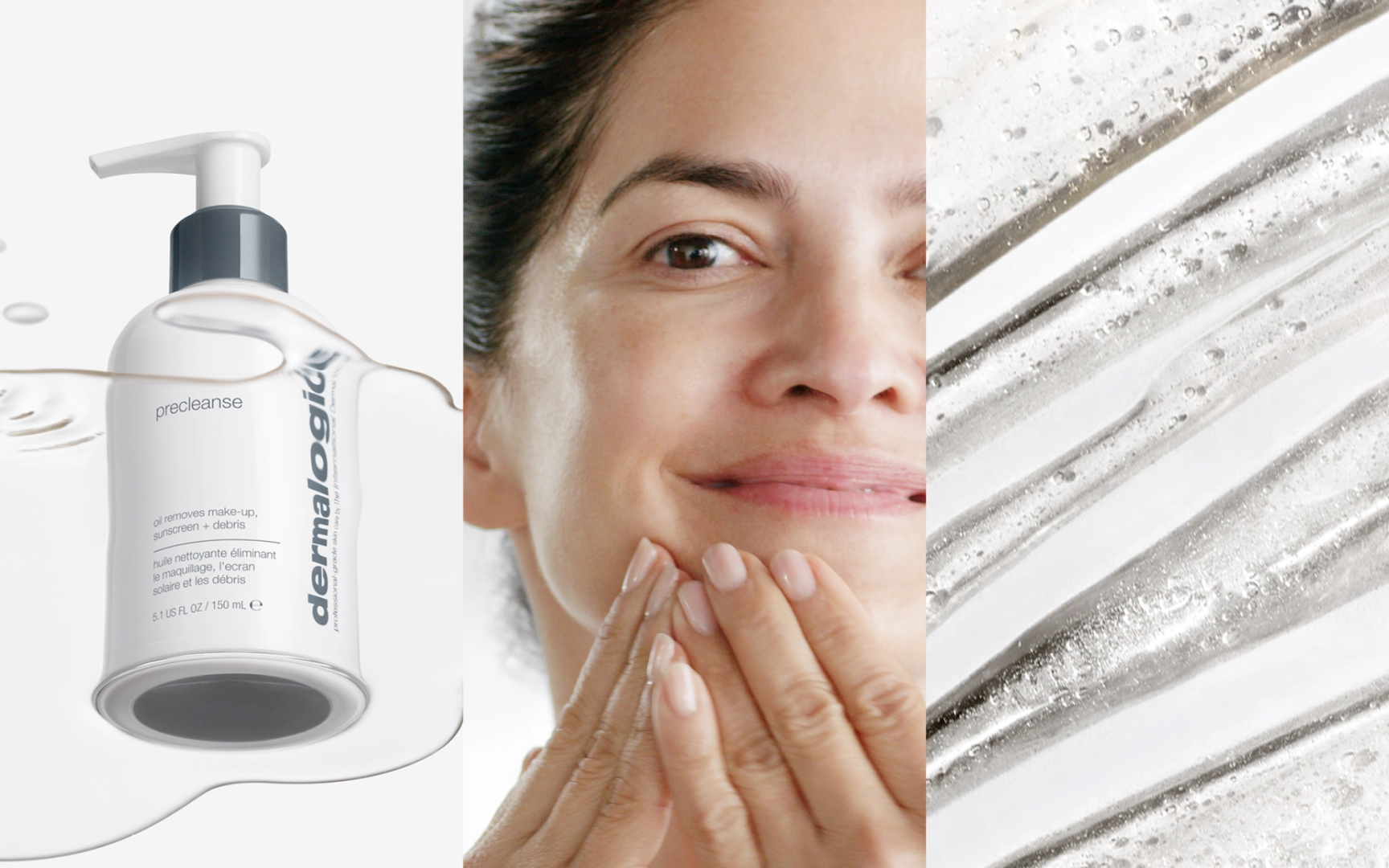 Ansiktsrens i pumpeflaske, kvinne som påfører hudpleie og tekstur av renseprodukt.