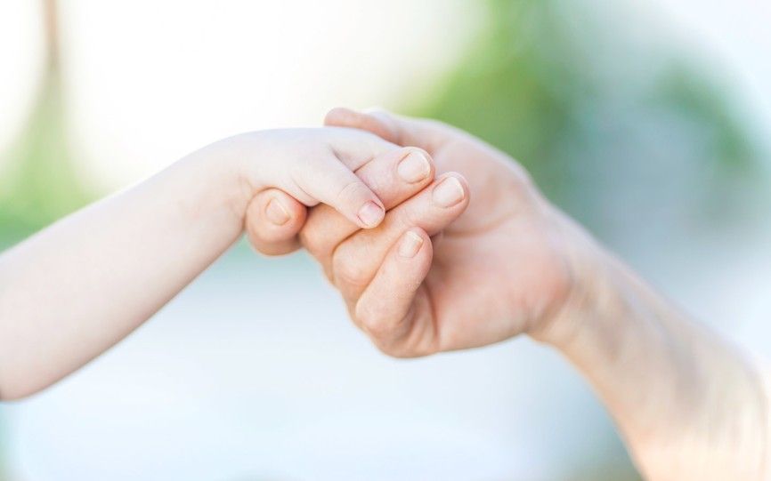 En barnehånd og en voksen hånd holder hverandre