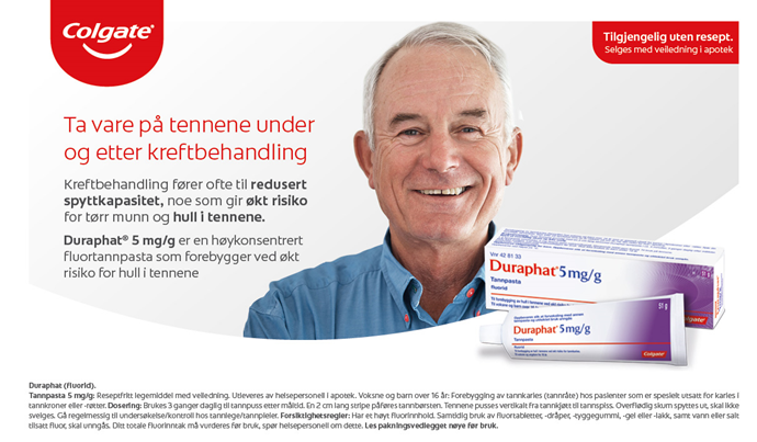 Reklame for Duraphat med en mann som smiler