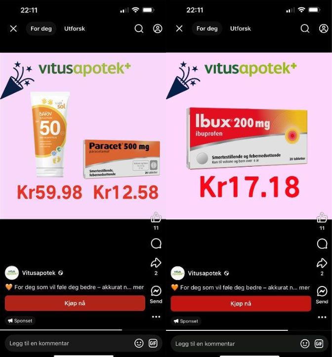 Bilder viser to eksempler på svindelnettsider for Vitusapotek. Prisene i eksempelet er veldig lave og utforming er ikke lik som Vitusapotek.no