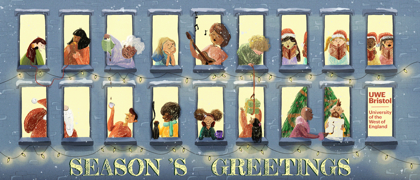 seasons greetings card with people on windows