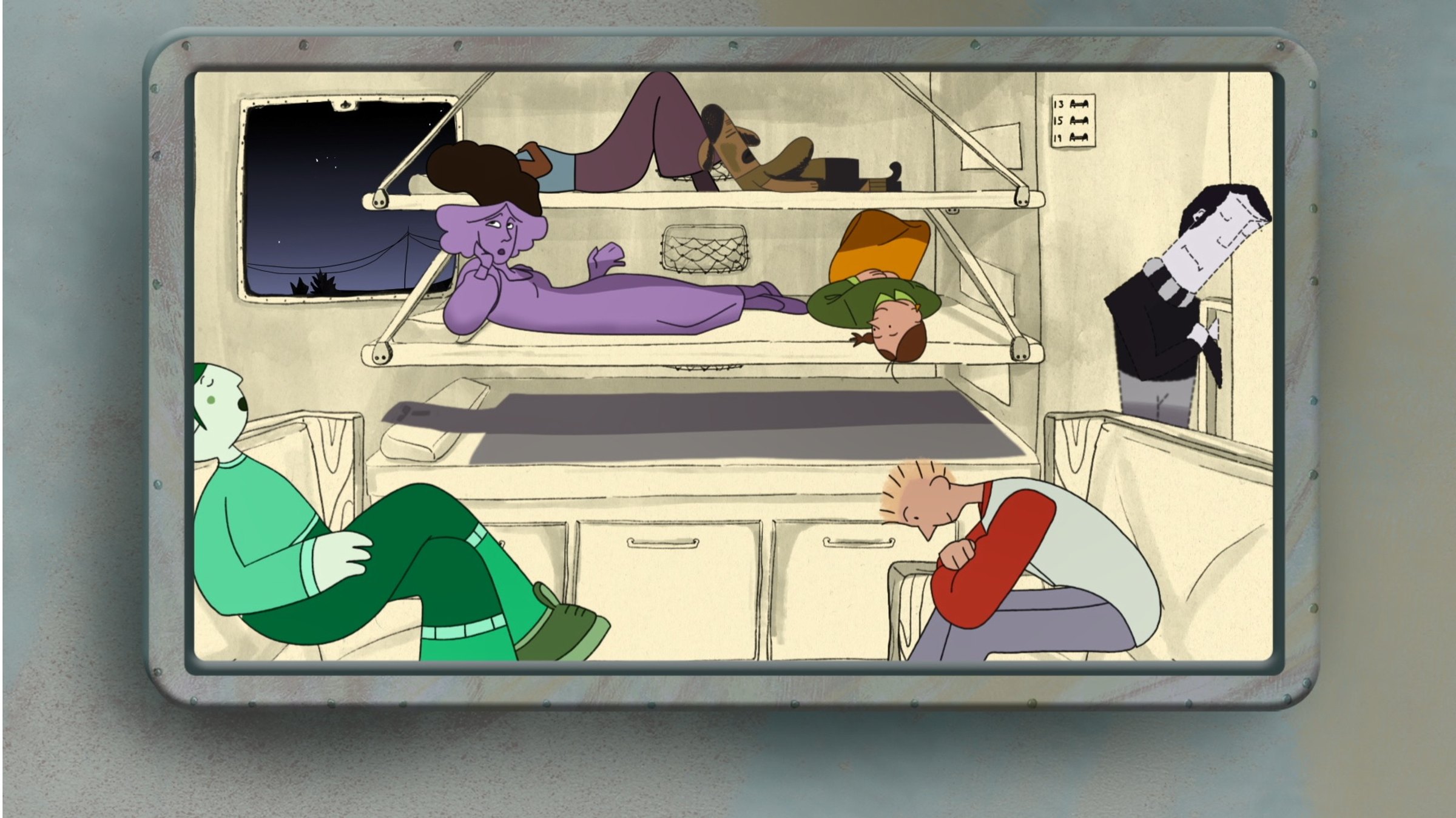 painting of characters in a train carriage
