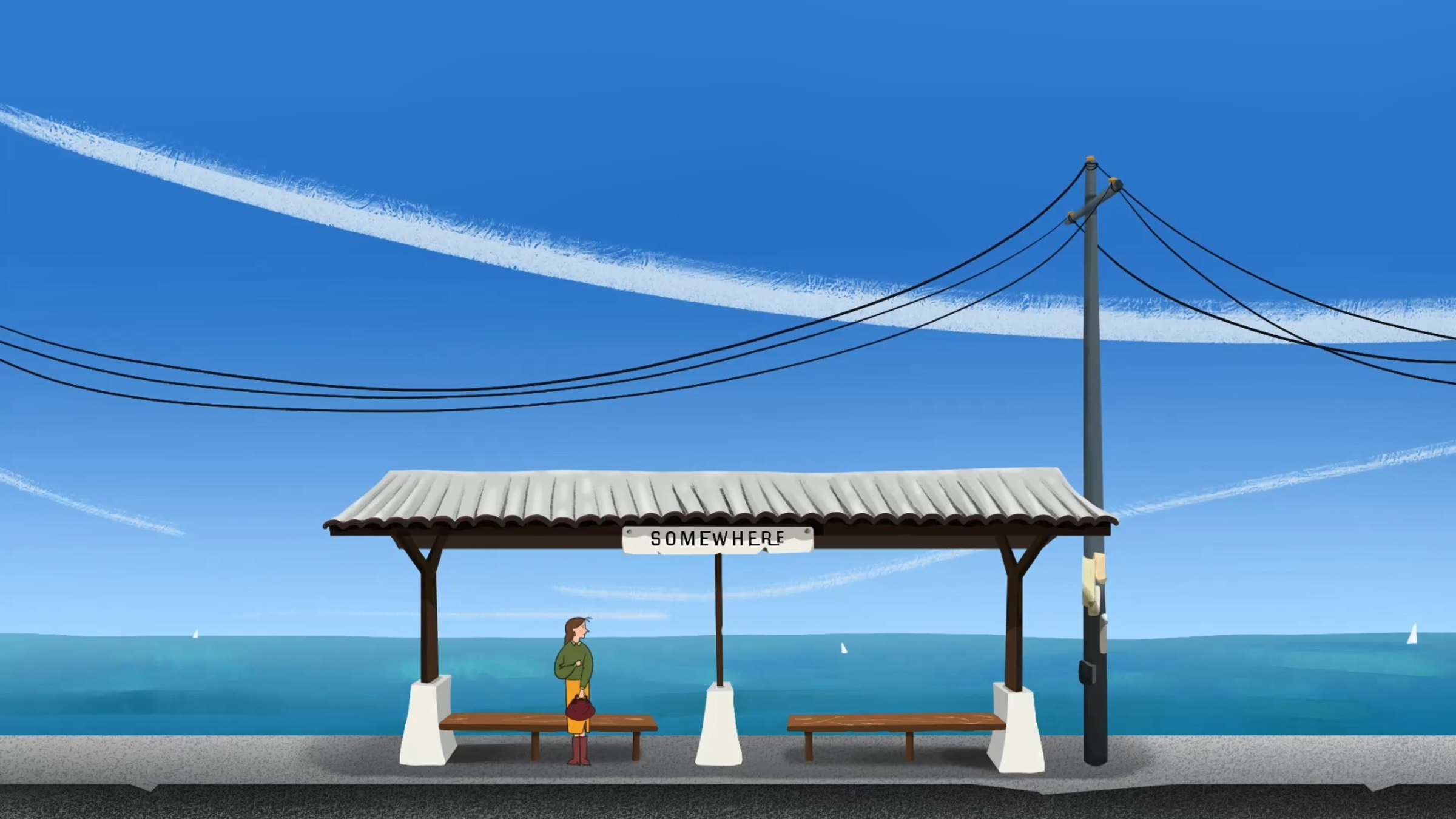 painting of a girl waiting in a train station