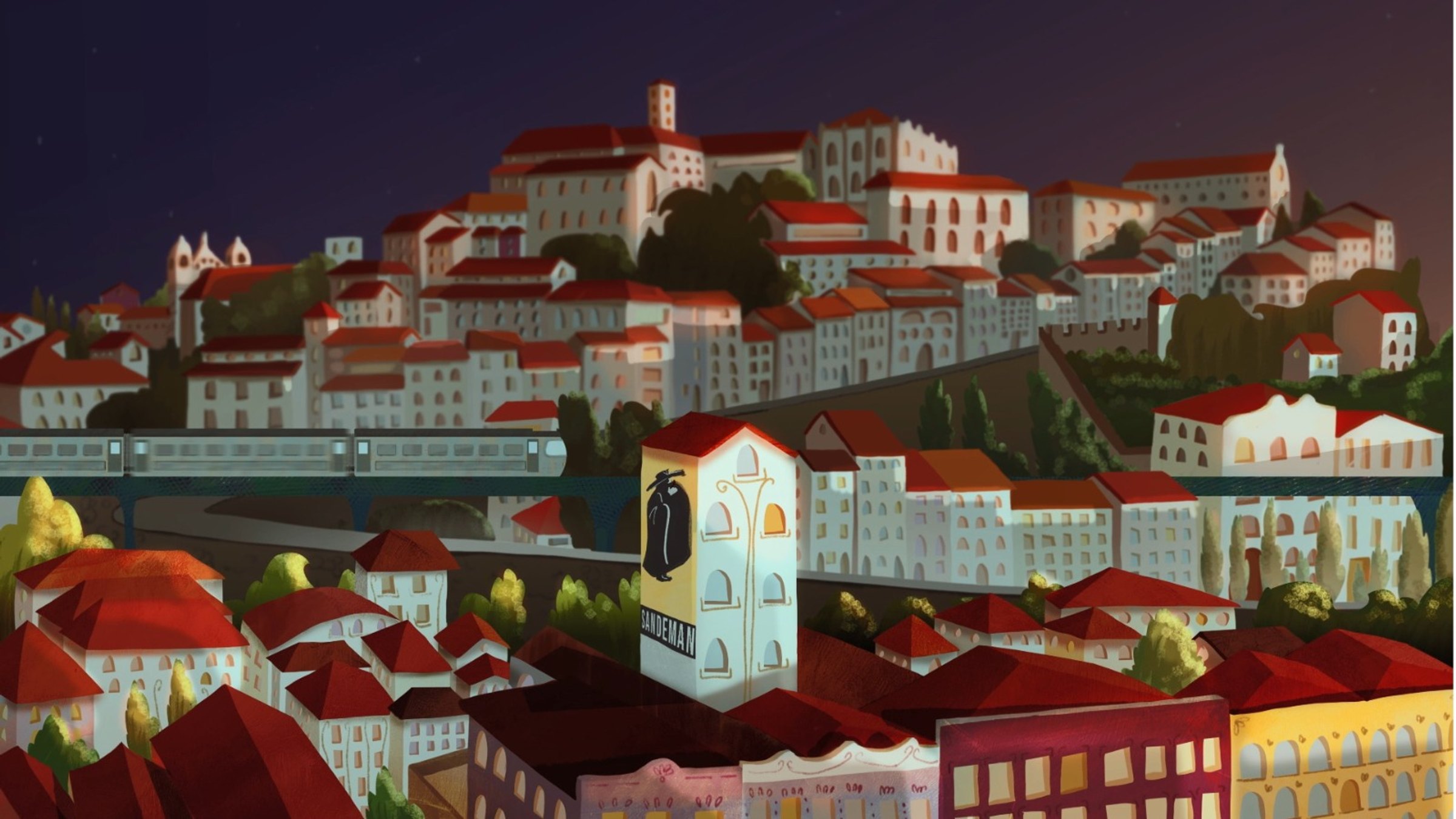painting of a fictional town resembling portuguese cities