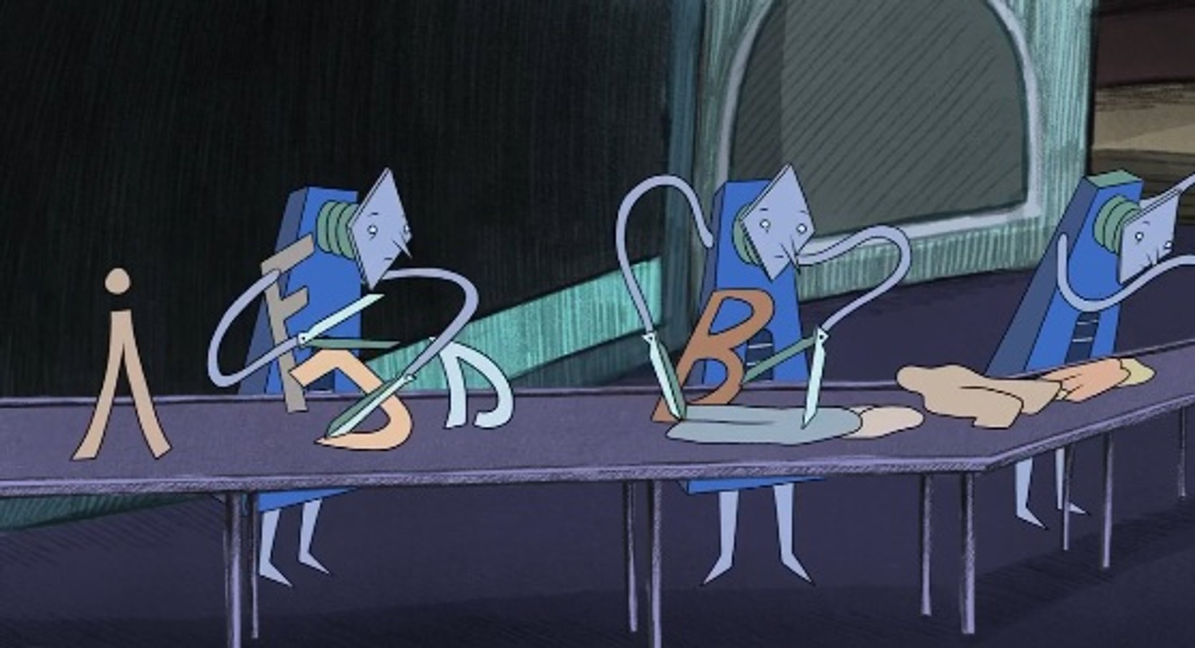 painting of creatures cutting letters