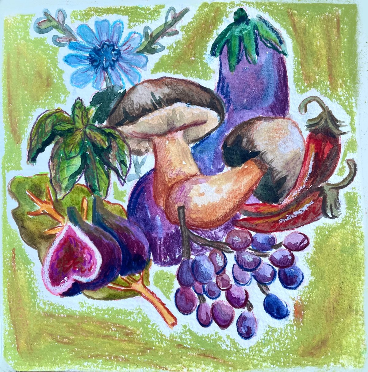 Fruits and veggies including mushroom figs and grapes 