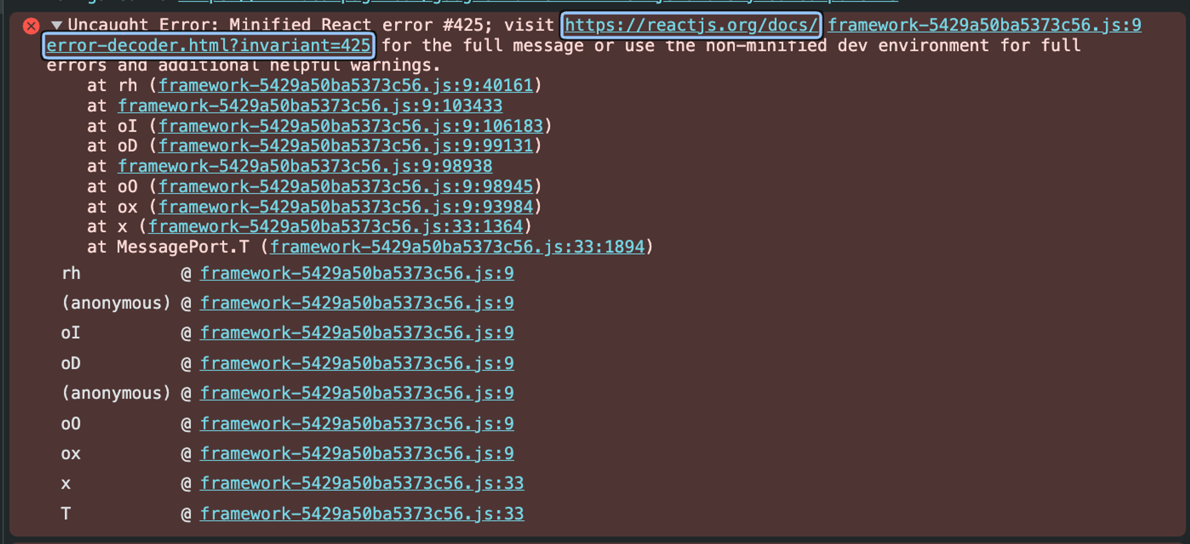 React Error Message 425 Console output