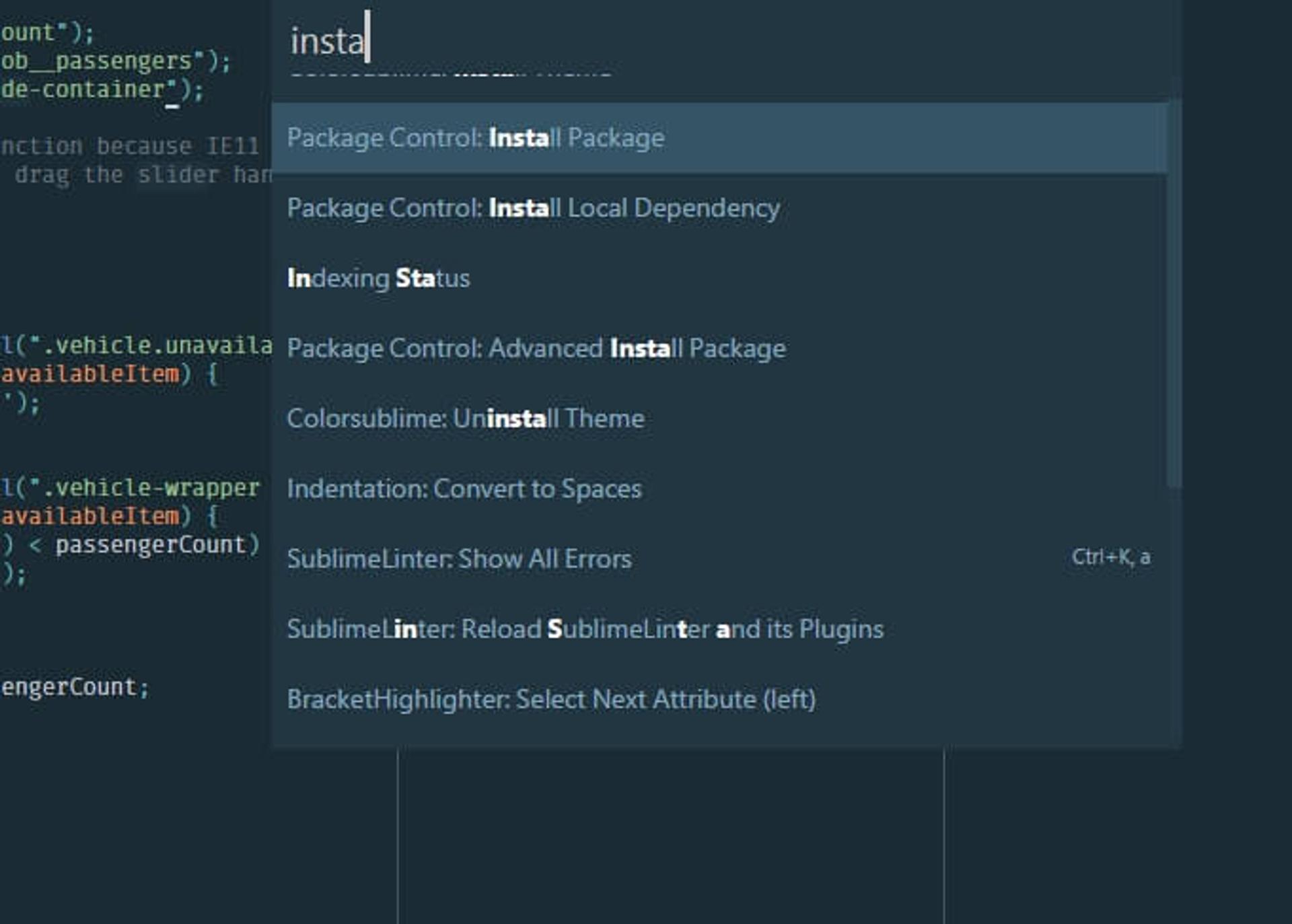 Close up screenshot of sublime package control dropdown