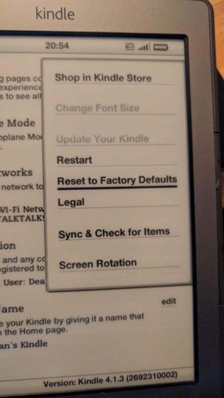 Closeup image of Kindle settings menu