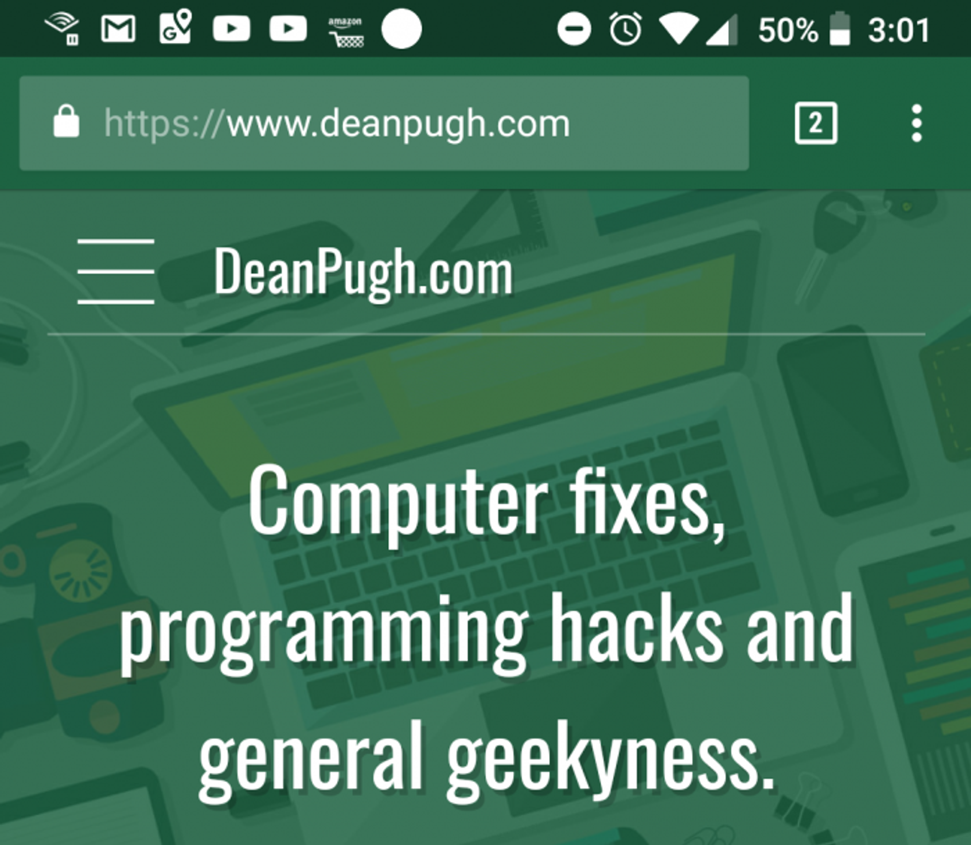 Screenshot of this website on a mobile device with the address bar the same green as the header image