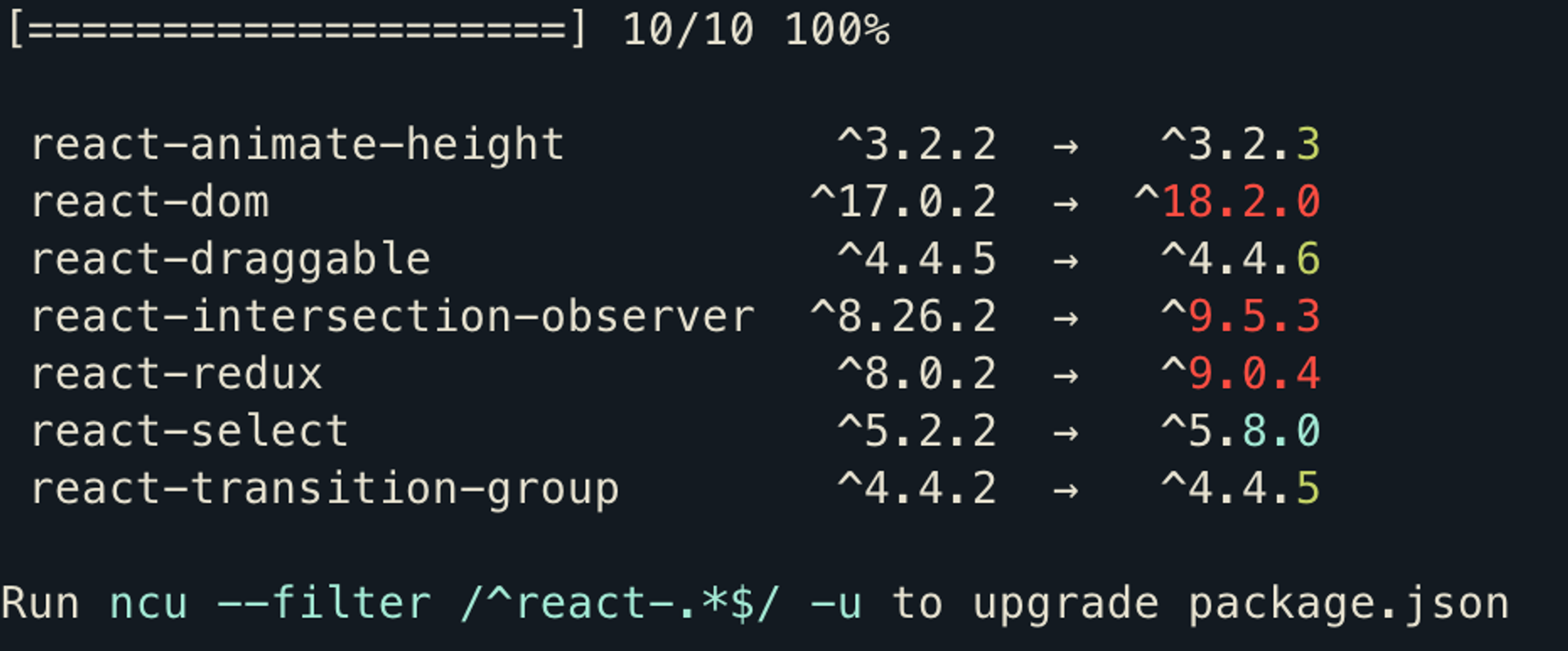 Terminal view of npm-update-check with filter option