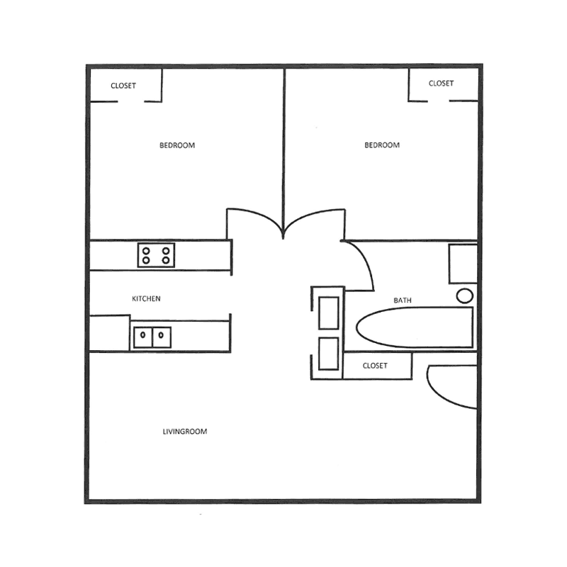 2 Bedroom 1 Bath (850 sq. ft) floorplan