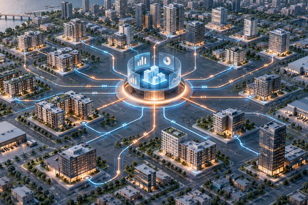 A large mixed-property real estate portfolio connected to a central CapEx management hub.