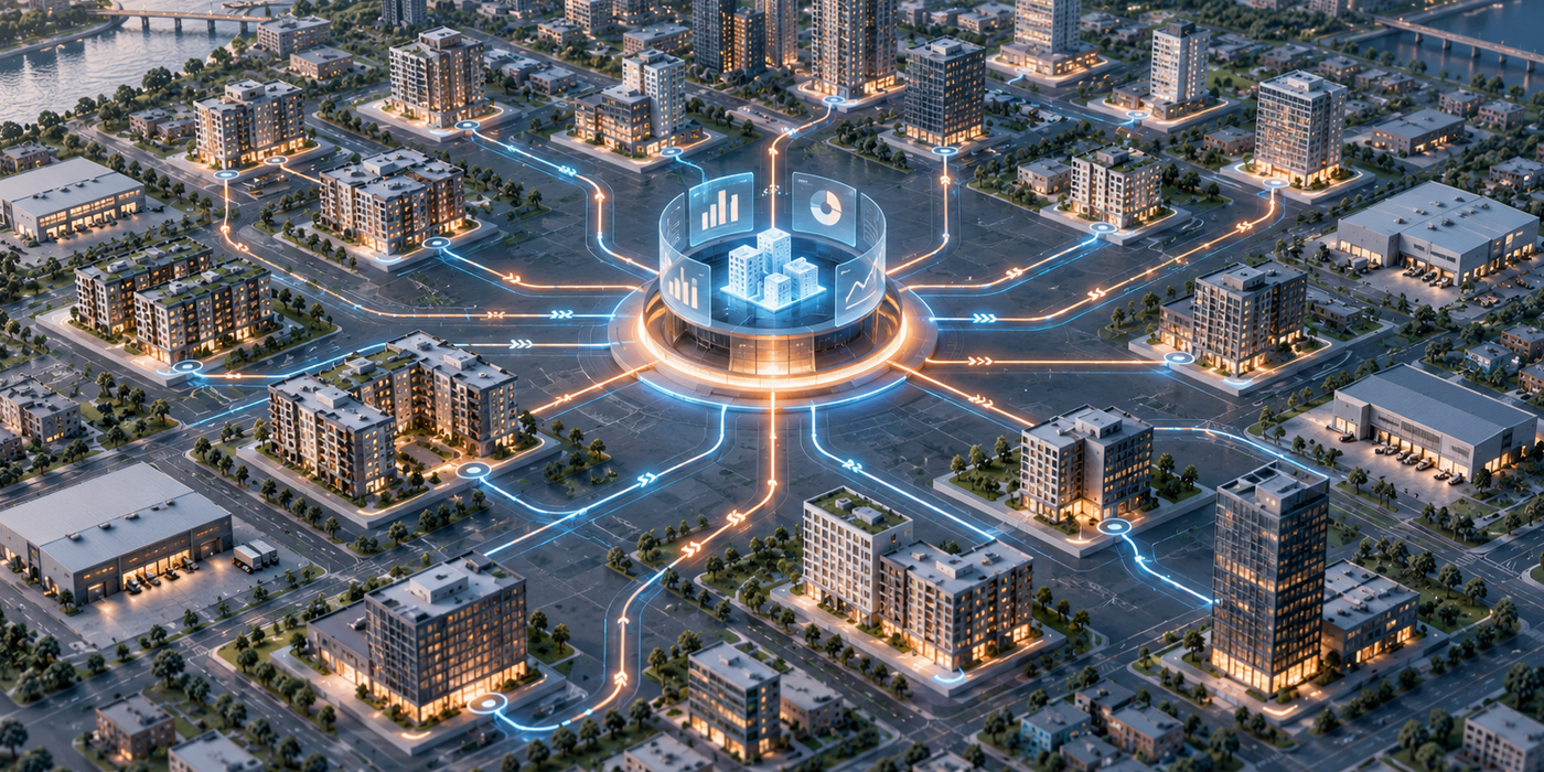 A large mixed-property real estate portfolio connected to a central CapEx management hub.