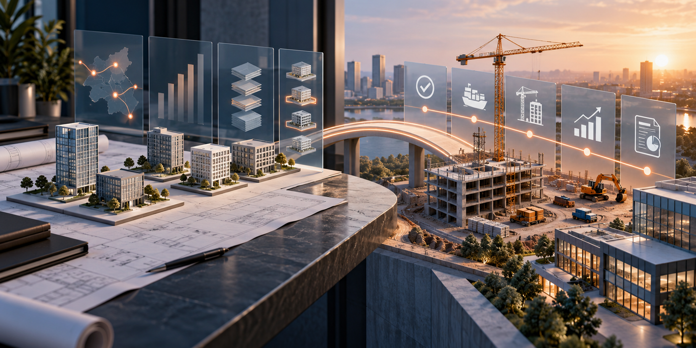 A capital planning roadmap bridging a portfolio of properties to active construction execution and reporting.