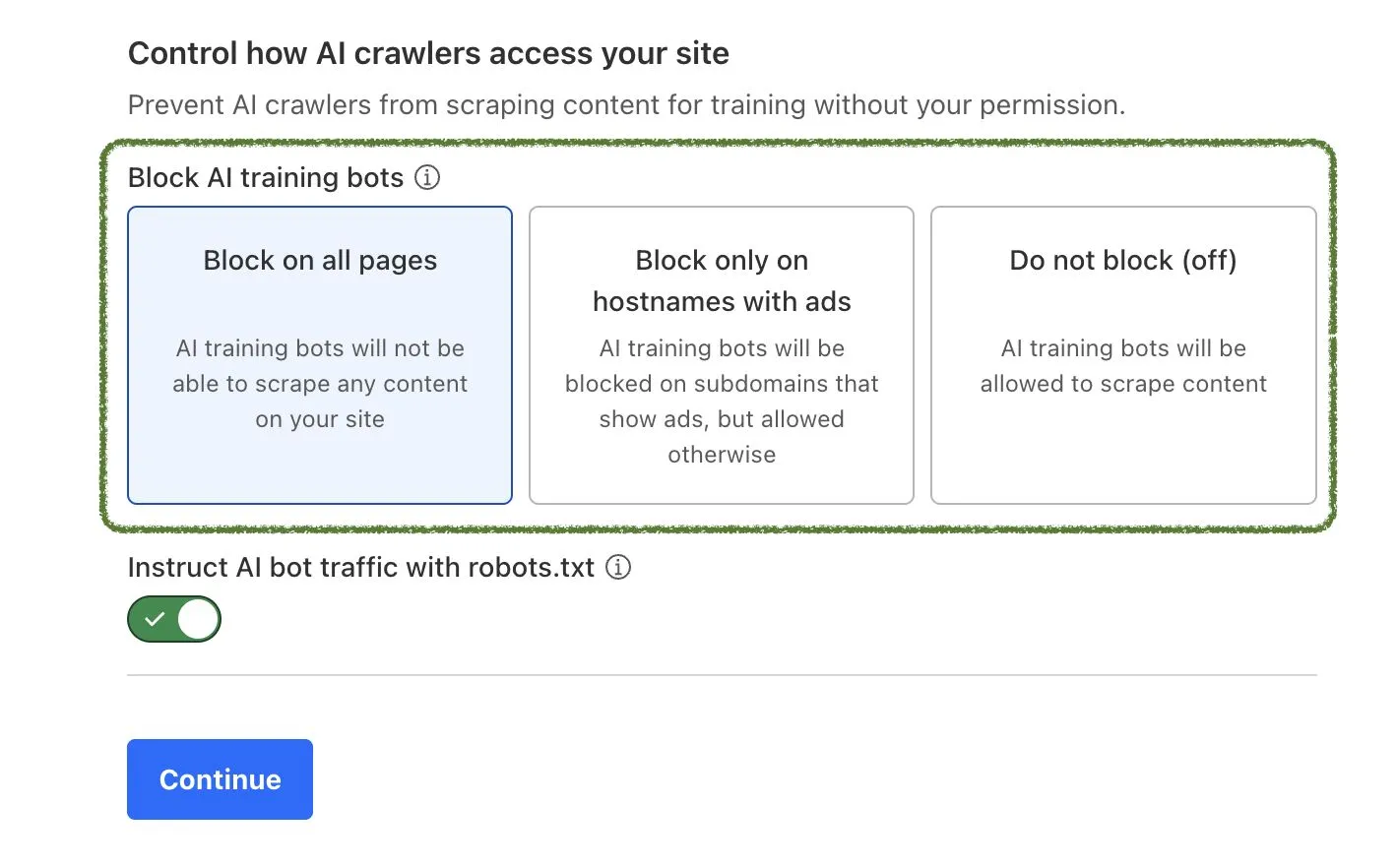 Cloudfare AI crawler access settings