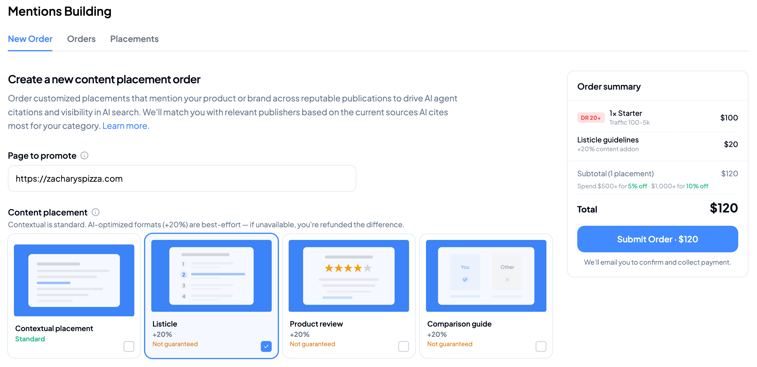 Mentions Building section has everything you need to order and track placements
