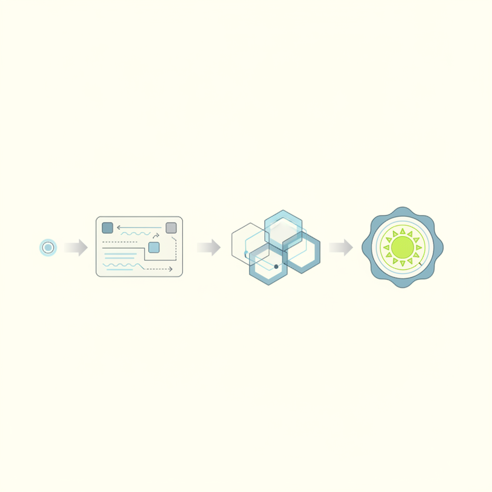 Abstract illustration depicting a journey from a small, conceptual design to a larger, officially sealed document, symbolizing the trademark application and registration process.