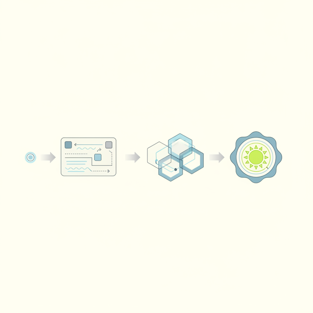 Abstract illustration depicting a journey from a small, conceptual design to a larger, officially sealed document, symbolizing the trademark application and registration process.