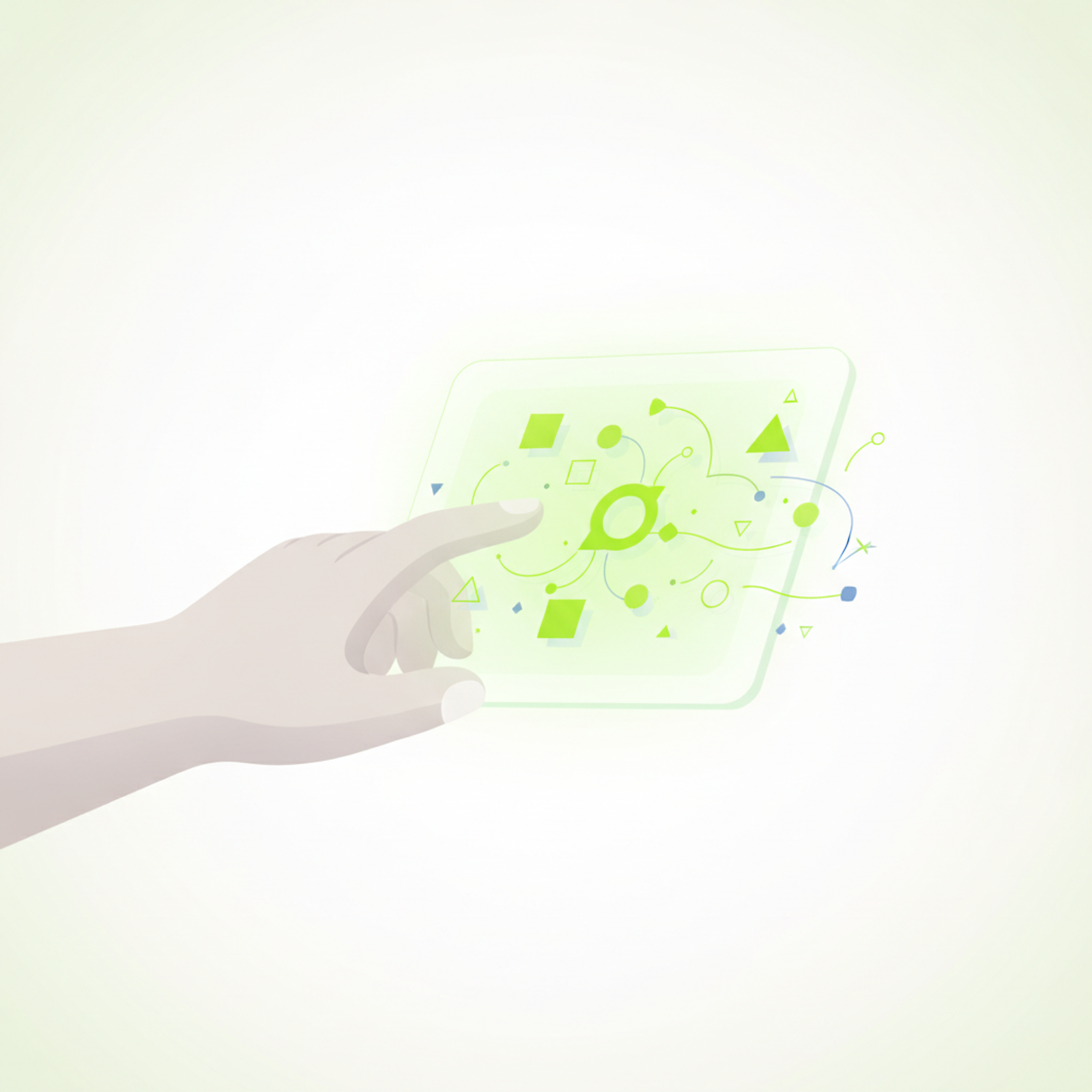 Conceptual illustration showing a human hand interacting with digital design elements on a glowing screen, representing the ease and speed of AI tools.