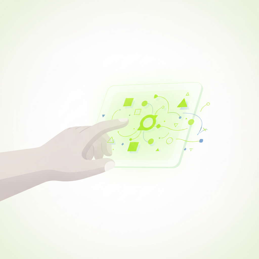Conceptual illustration showing a human hand interacting with digital design elements on a glowing screen, representing the ease and speed of AI tools.
