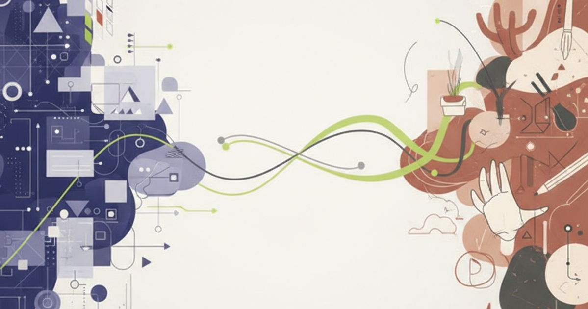 Conceptual illustration comparing automated digital design processes with human creative design processes.
