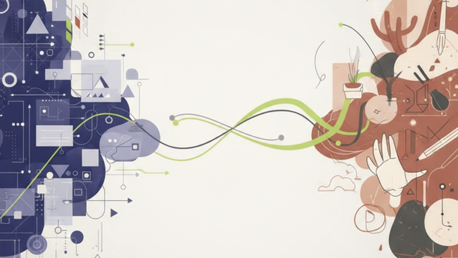 Conceptual illustration comparing automated digital design processes with human creative design processes.