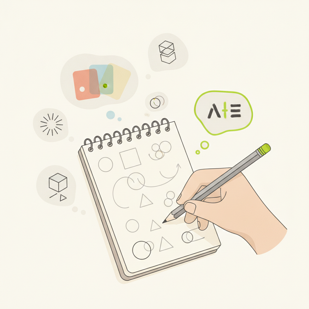 Conceptual illustration of a person sketching logo ideas on paper, surrounded by thought bubbles with abstract shapes and colors.