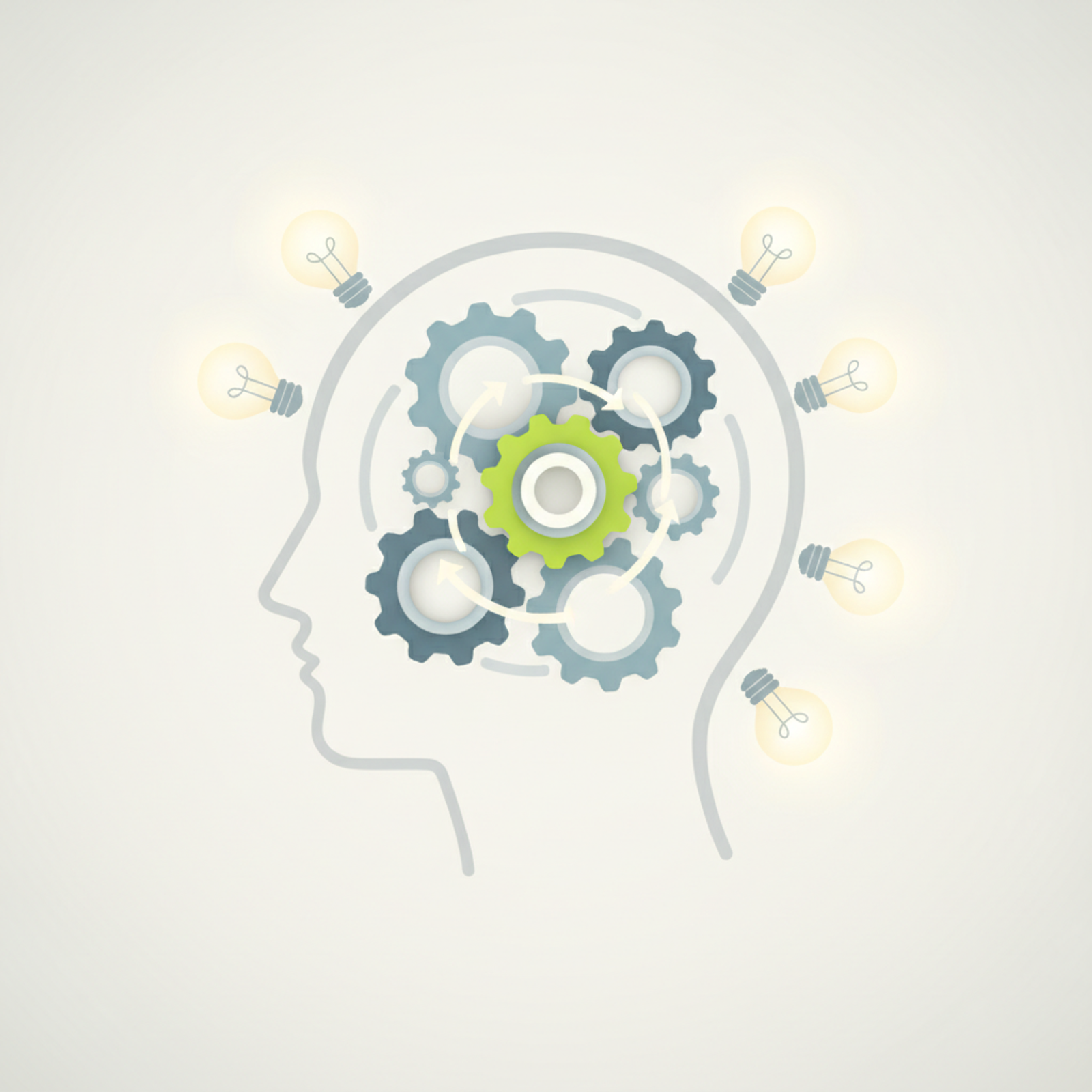 Conceptual illustration of a thought process, with gears turning and lightbulbs illuminating around a person's head, symbolizing idea generation and problem-solving. The background is soft and inviting, with a modern, clean aesthetic.
