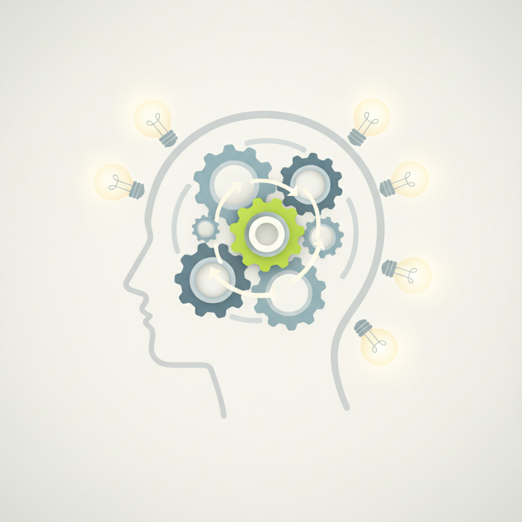 Conceptual illustration of a thought process, with gears turning and lightbulbs illuminating around a person's head, symbolizing idea generation and problem-solving. The background is soft and inviting, with a modern, clean aesthetic.