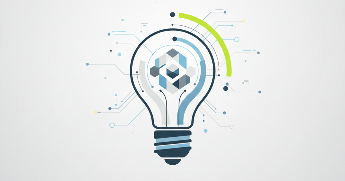 Abstract illustration of a lightbulb and geometric shapes converging, symbolizing an idea transforming into a simple, ef