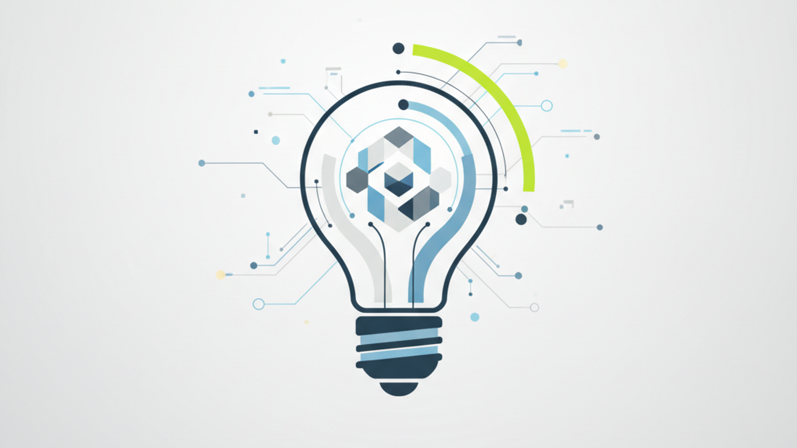 Abstract illustration of a lightbulb and geometric shapes converging, symbolizing an idea transforming into a simple, ef