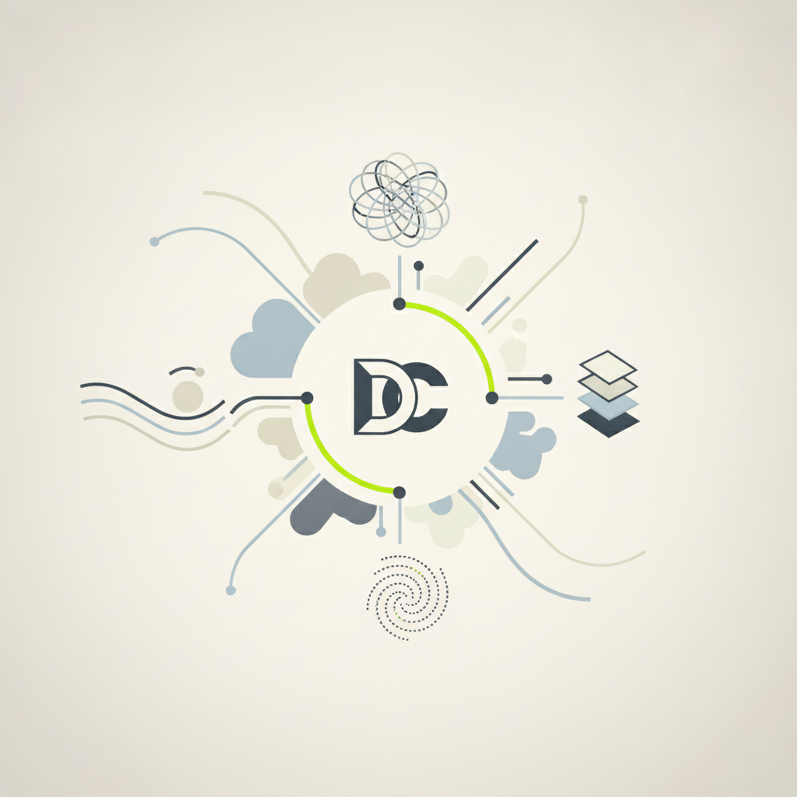 A conceptual illustration showing different elements of design complexity, strategy, and deliverables orbiting a central abstract logo icon.