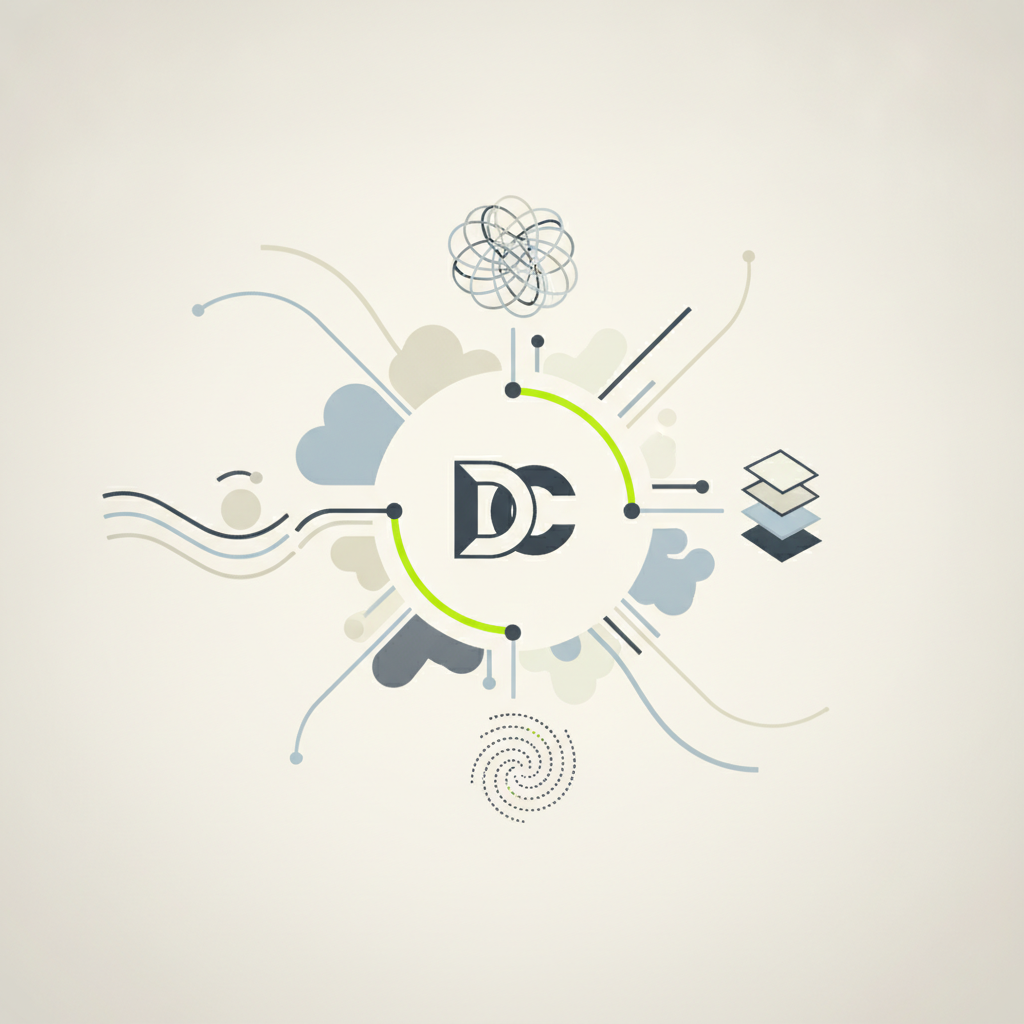A conceptual illustration showing different elements of design complexity, strategy, and deliverables orbiting a central abstract logo icon.