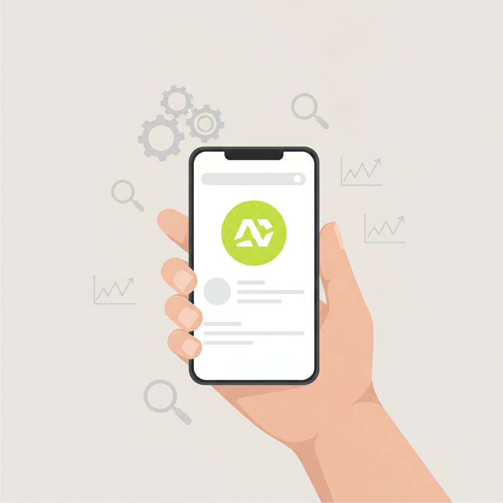 Clean, modern editorial illustration of a person's hand holding a smartphone, displaying a social media profile with a perfectly optimized logo. Surrounding the phone are subtle digital elements like data points and small magnifying glasses, symbolizing analysis and refinement.