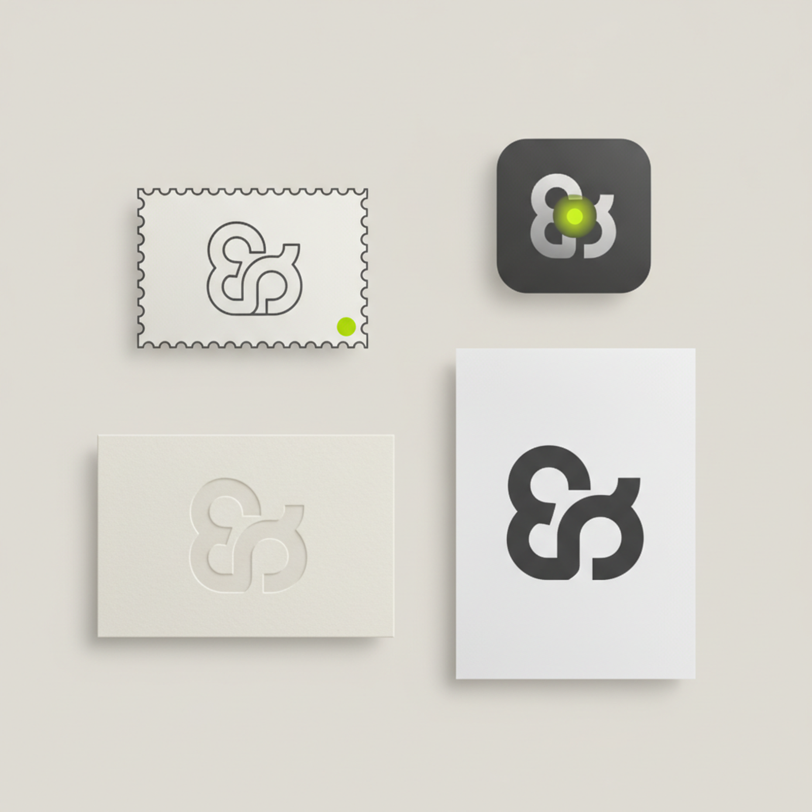 An abstract illustration depicting various applications of a logo in monochrome, such as a stamp, an embossed surface, and a simple print.