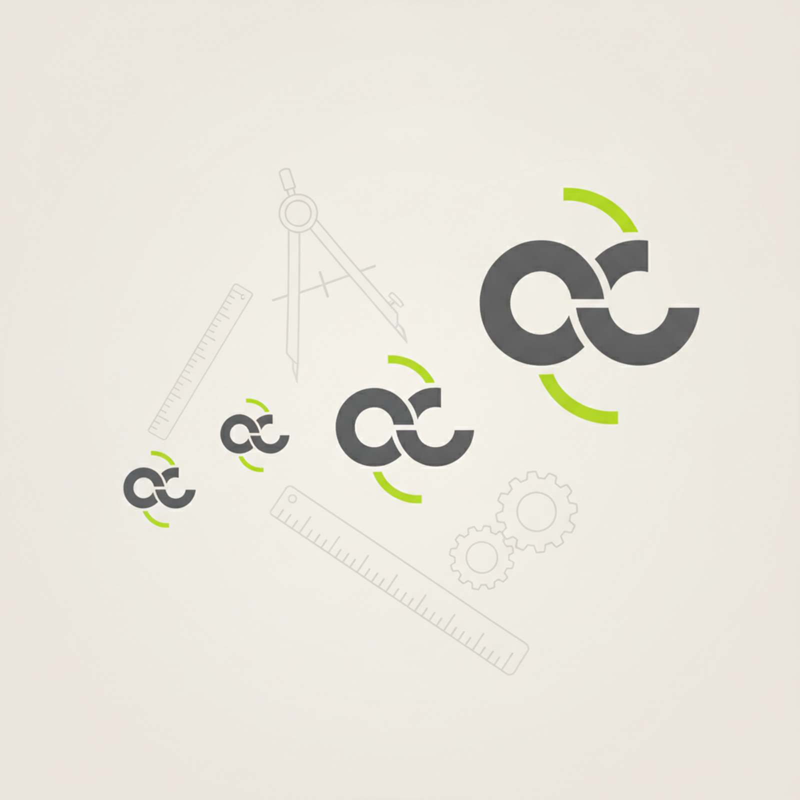 Conceptual illustration of a simple, abstract logo symbol being meticulously refined and tested. Gears and rulers are subtly integrated into the design process, symbolizing precision and engineering. The logo is shown in various stages of scaling, from tiny to large, with a focus on clean lines and geometric shapes, representing vector graphics and adaptability.