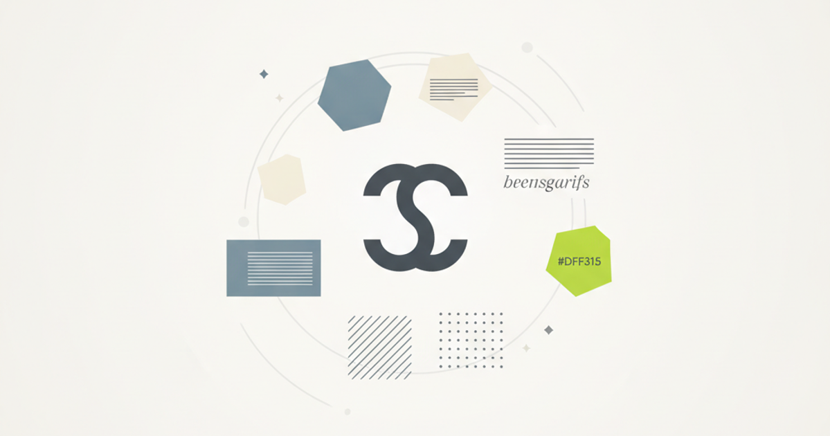 Visual representation of a brand style guide with a central logo, colors, and typography.