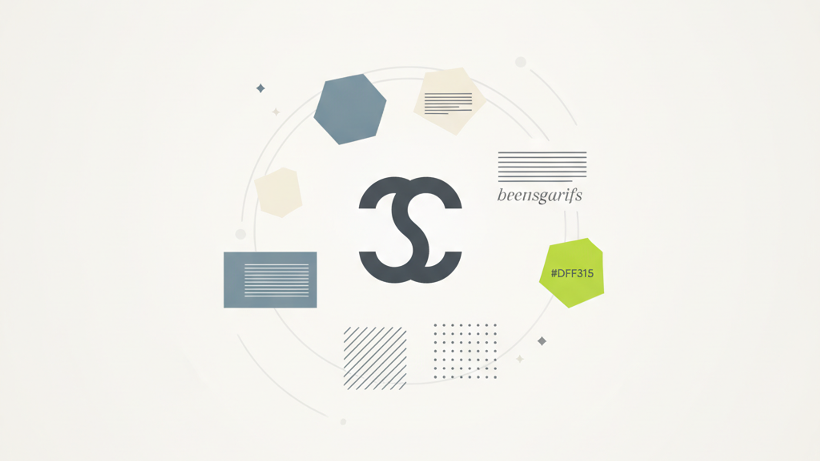 Visual representation of a brand style guide with a central logo, colors, and typography.