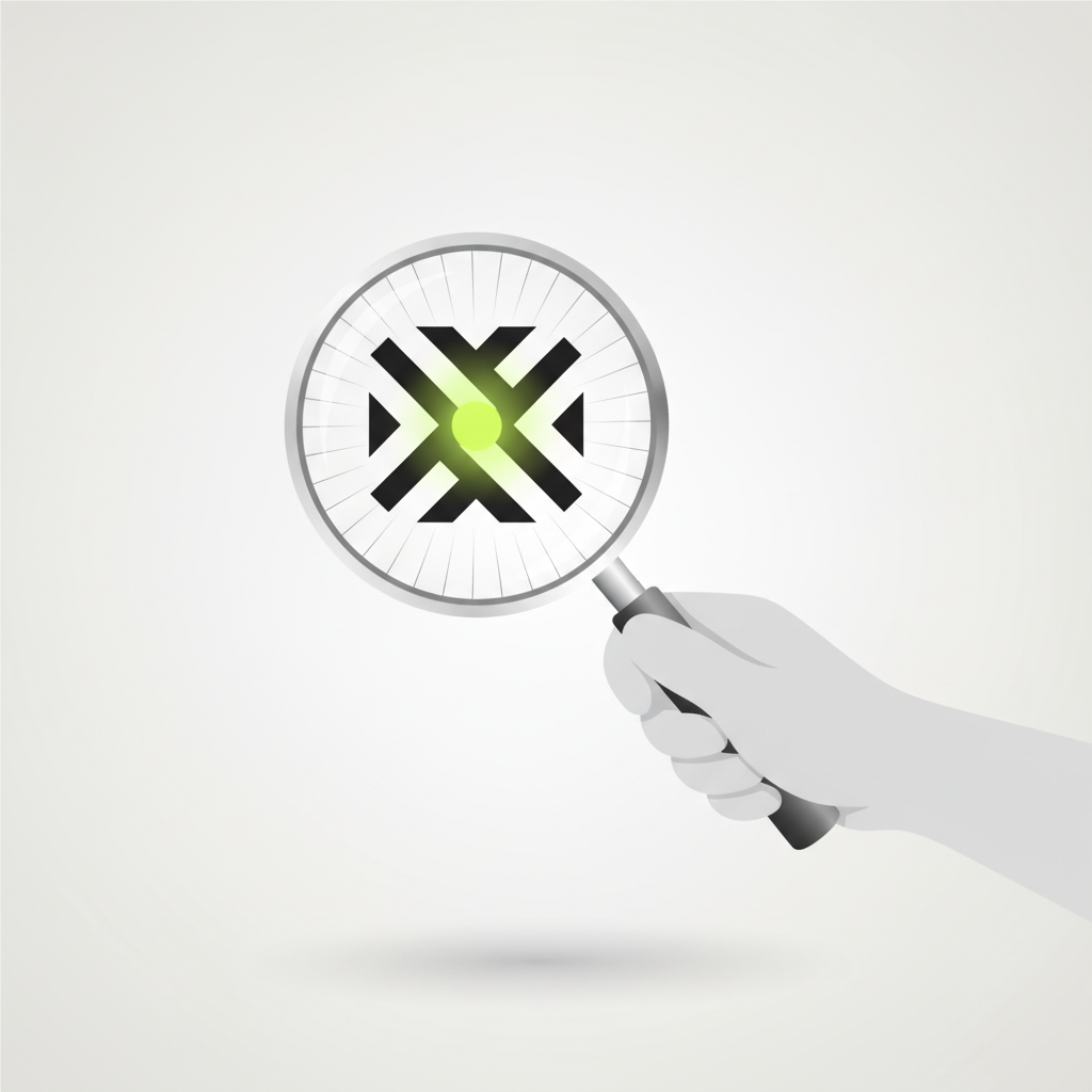 A clean, modern editorial illustration showing a designer's hand holding a magnifying glass over a black and white logo, scrutinizing its details and contrast.