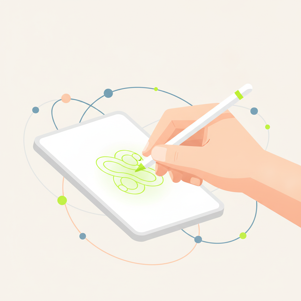 A conceptual illustration of a human hand sketching a logo design on a tablet, surrounded by abstract representations of collaboration and communication.