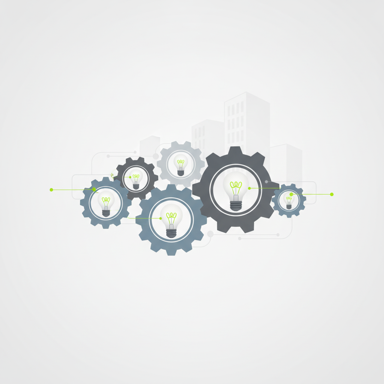 Abstract illustration showing gears and lightbulbs connecting with a stylized company building, representing strategic thinking and innovation before a brand change.
