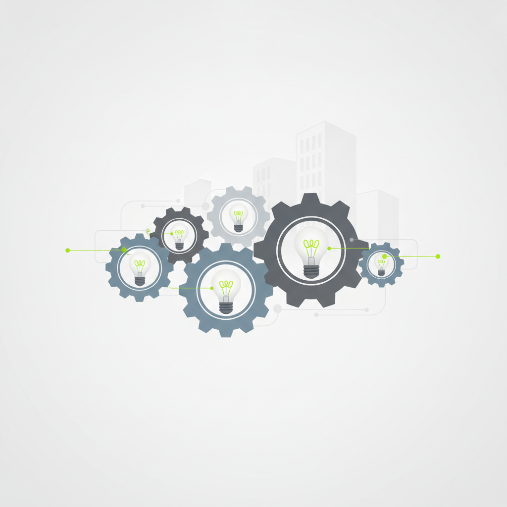 Abstract illustration showing gears and lightbulbs connecting with a stylized company building, representing strategic thinking and innovation before a brand change.