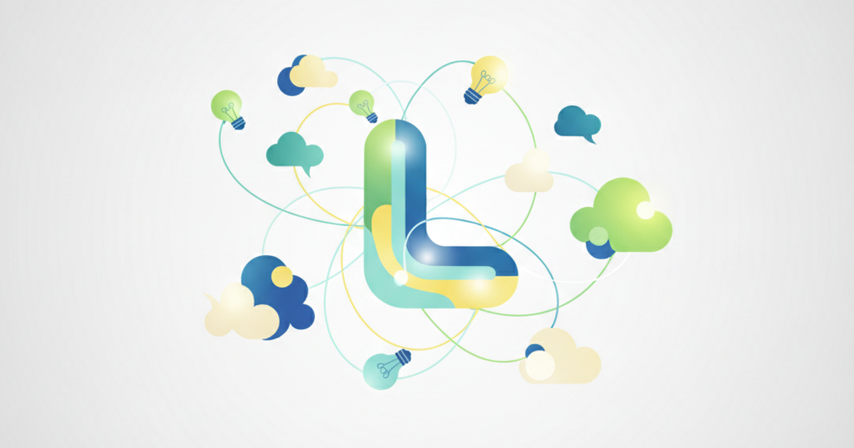 Abstract illustration of interconnected ideas and a central logo icon, symbolizing content generation for branding.