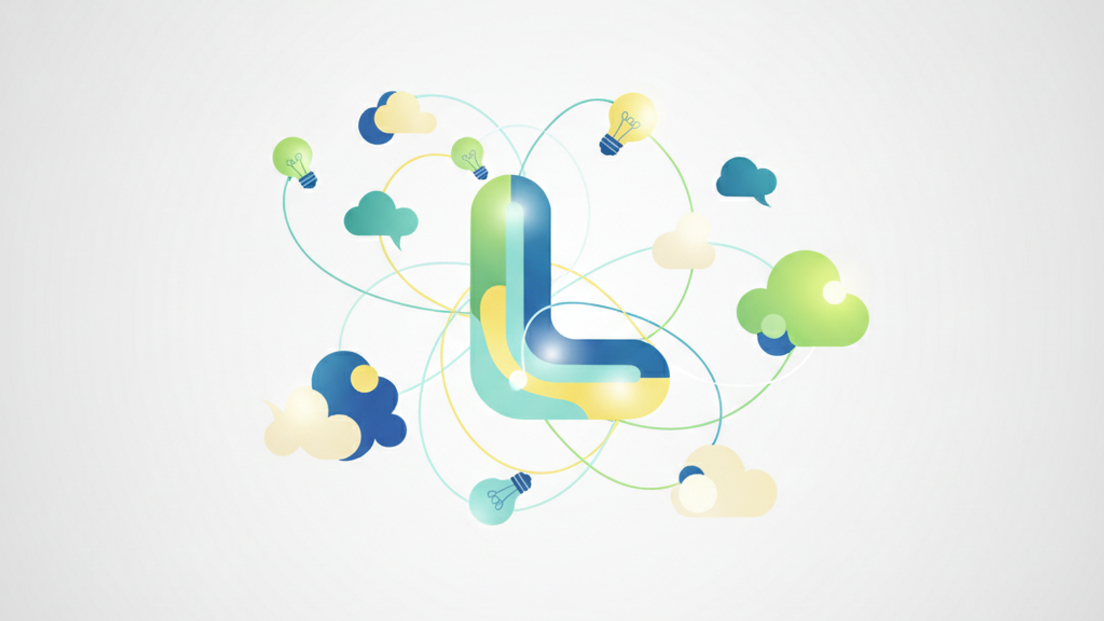 Abstract illustration of interconnected ideas and a central logo icon, symbolizing content generation for branding.