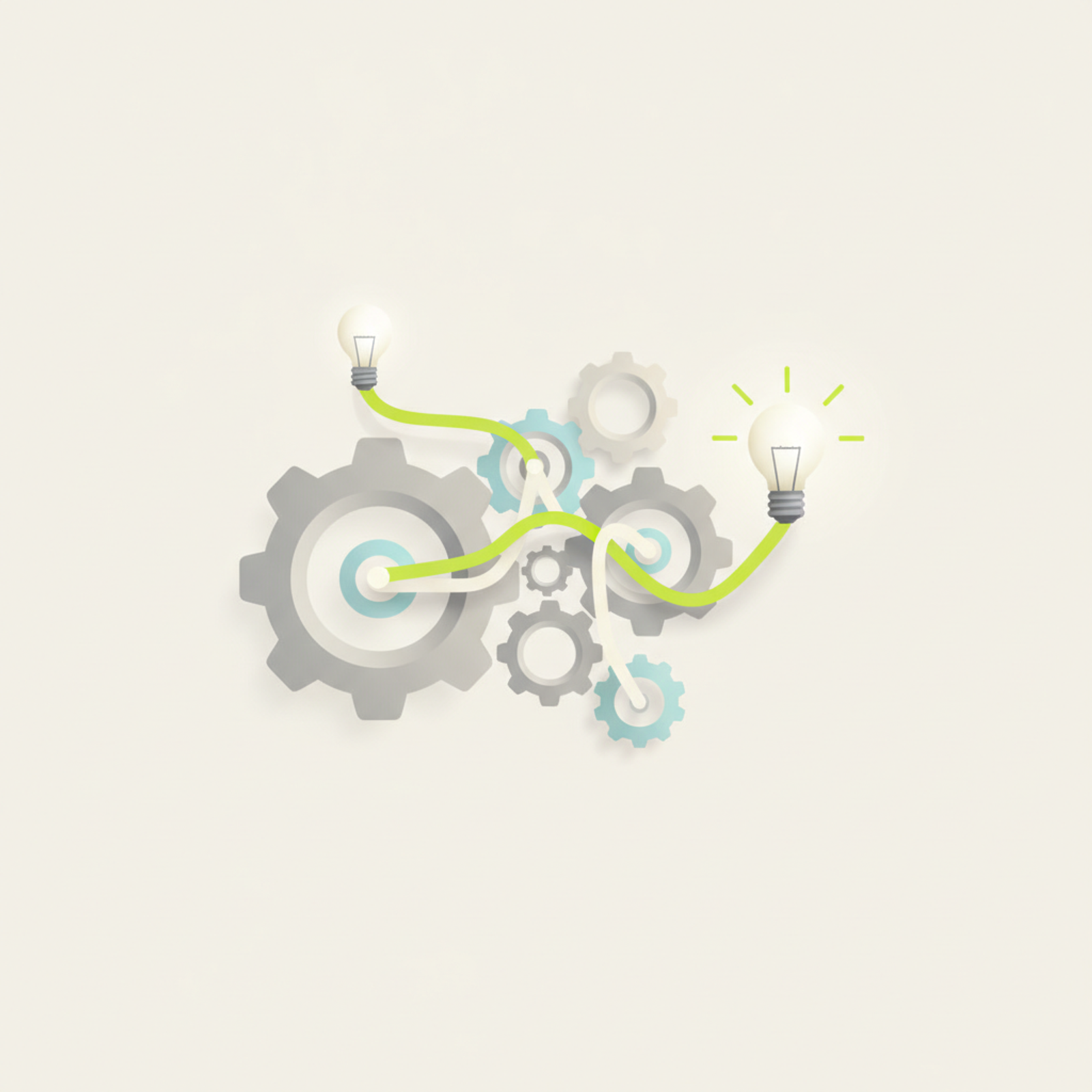 Abstract illustration of interconnected gears and lightbulbs, symbolizing the synergy between brand identity and creative solutions