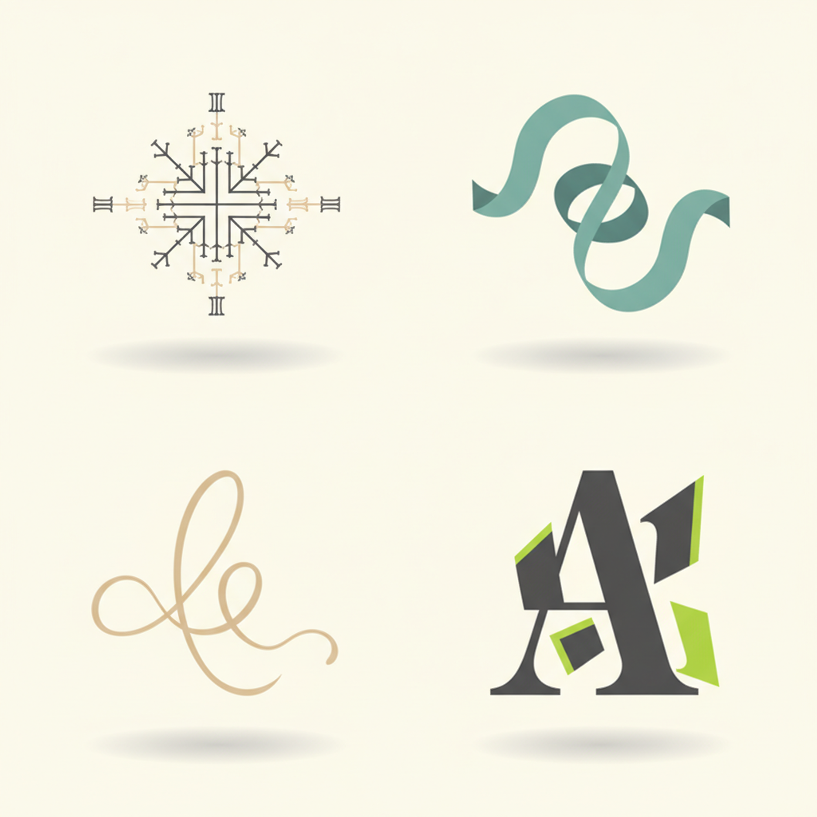 Abstract illustration showing four distinct font styles (serif, sans-serif, script, display) arranged in a grid, each representing its unique visual characteristics.