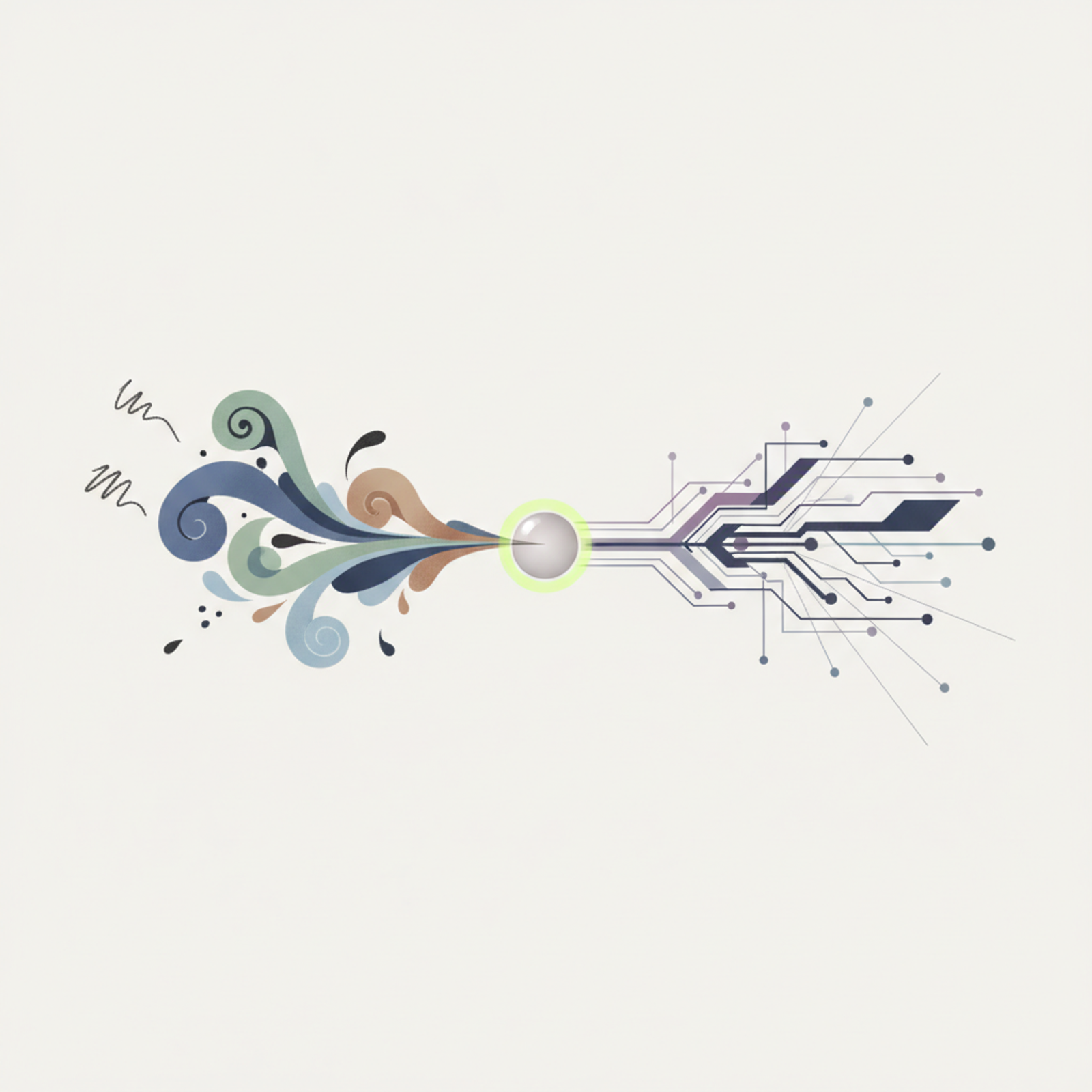 A clean, modern editorial illustration depicting a balanced scale or a decision tree, with one side representing human creativity (abstract organic shapes) and the other side representing artificial intelligence (geometric, digital patterns), emphasizing making an informed choice.