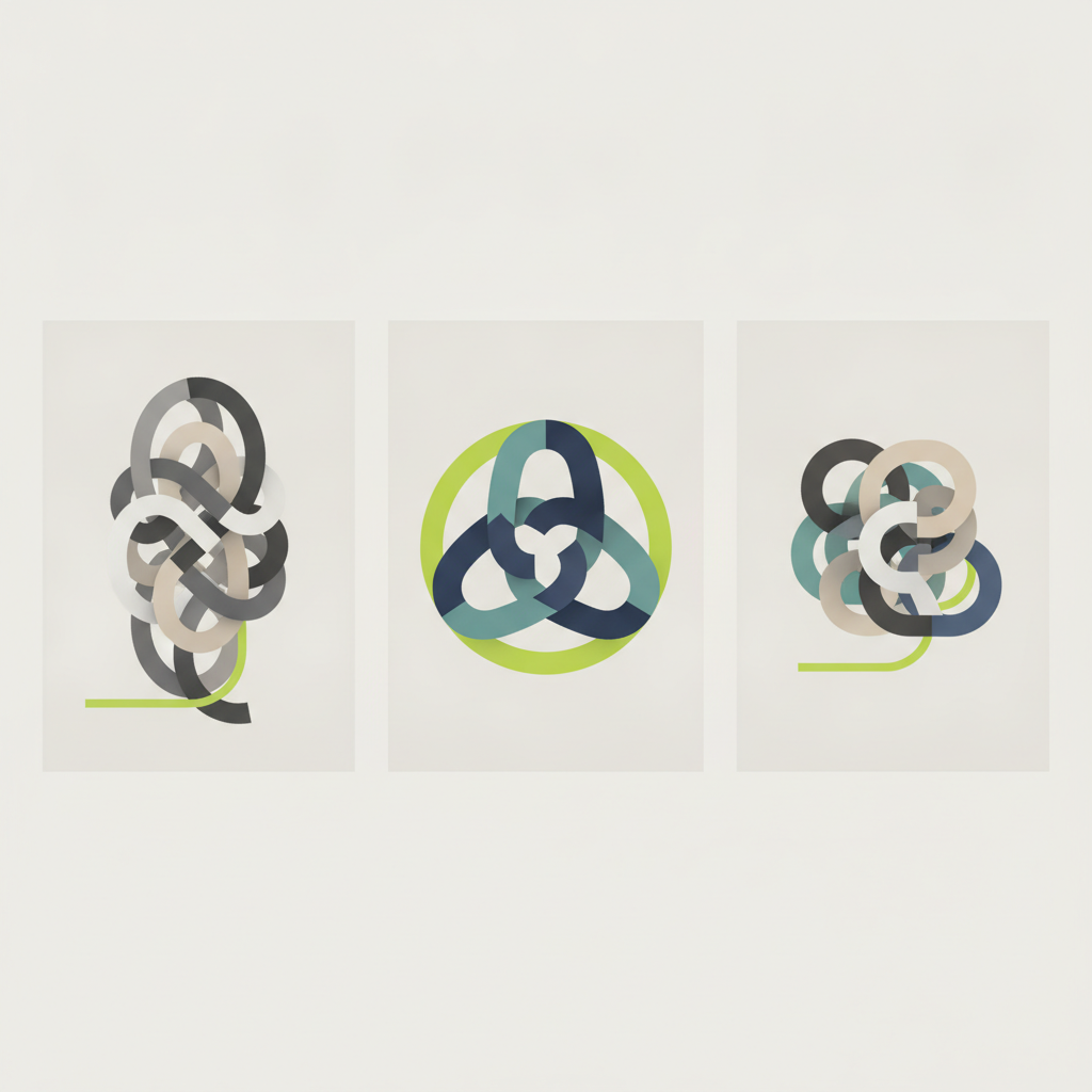 An abstract illustration showing three distinct visual styles side by side: one focused on elegant typography, one on a singular abstract symbol, and one blending text and symbol, all representing different logo types.