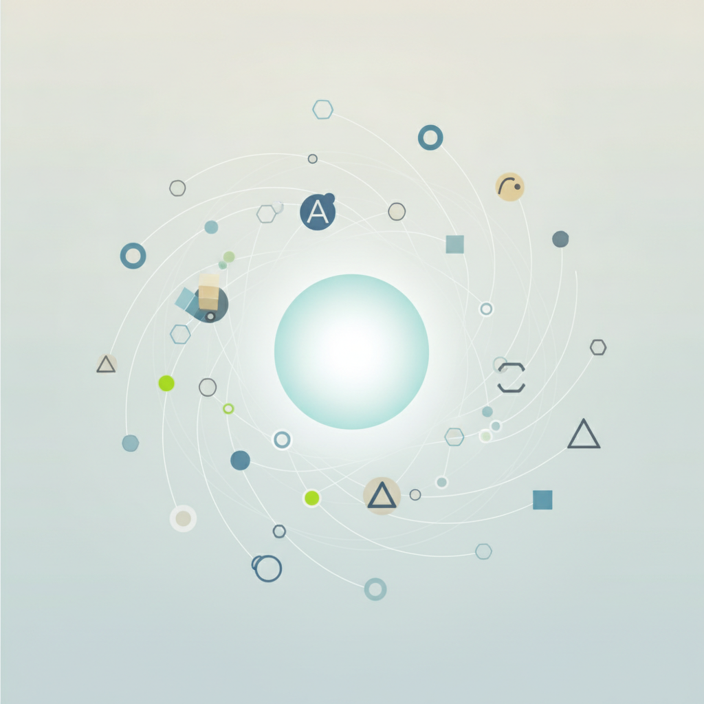 Abstract illustration of a digital network of interconnected nodes, with a central glowing sphere representing an AI system processing and generating creative ideas, surrounded by smaller icons symbolizing different brand elements like colors, fonts, and shapes.
